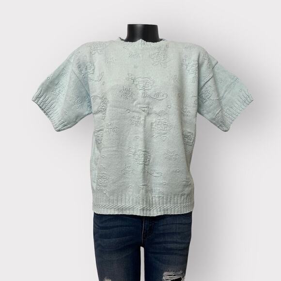 American Vintage Tops - VTG 80s Fairy Kei NEW Short Sleeved Sweater USA Womens Floral sz PL Kawaii Blue